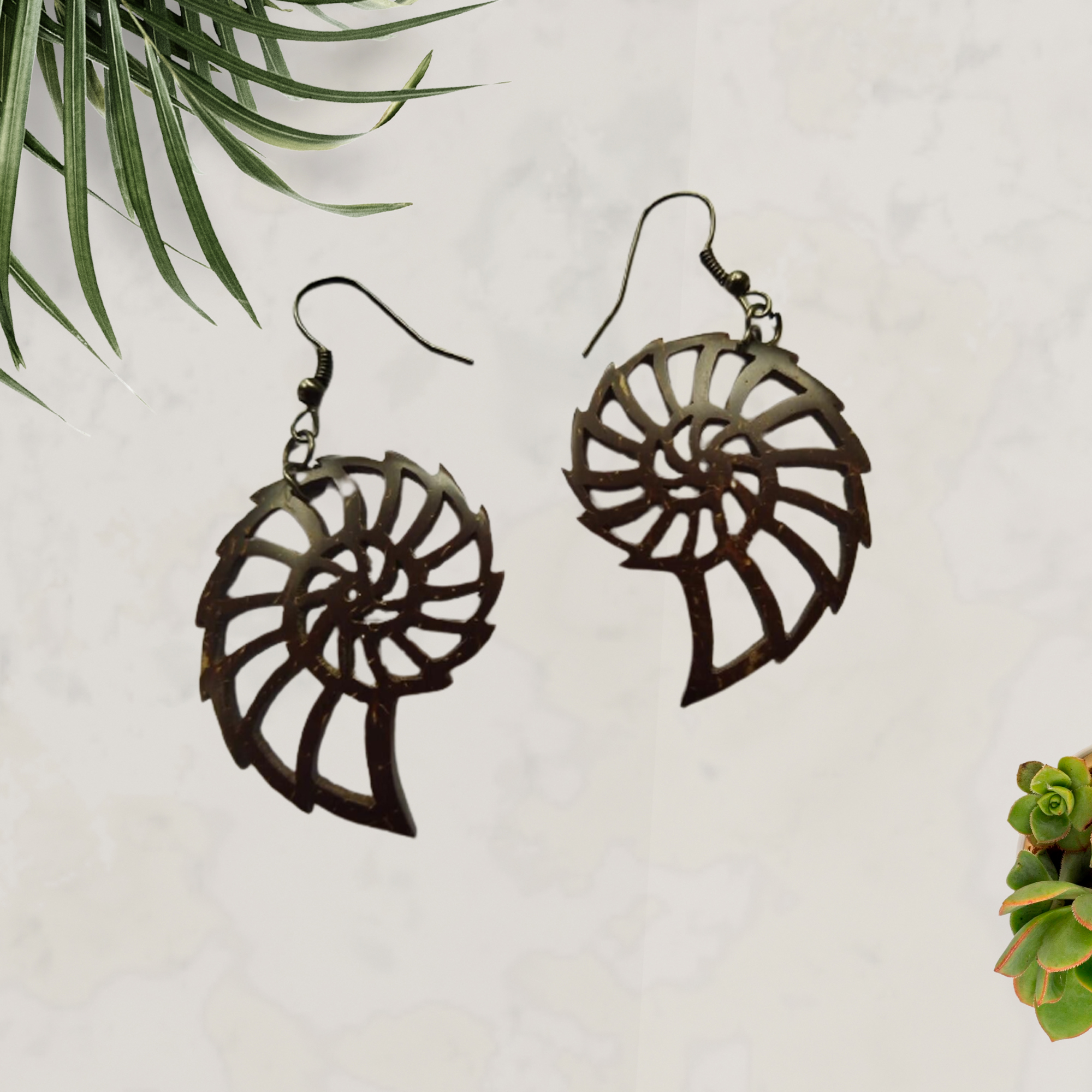 Buy Coconut Shell Earrings/Sri Mother Symbol | Auroville.com